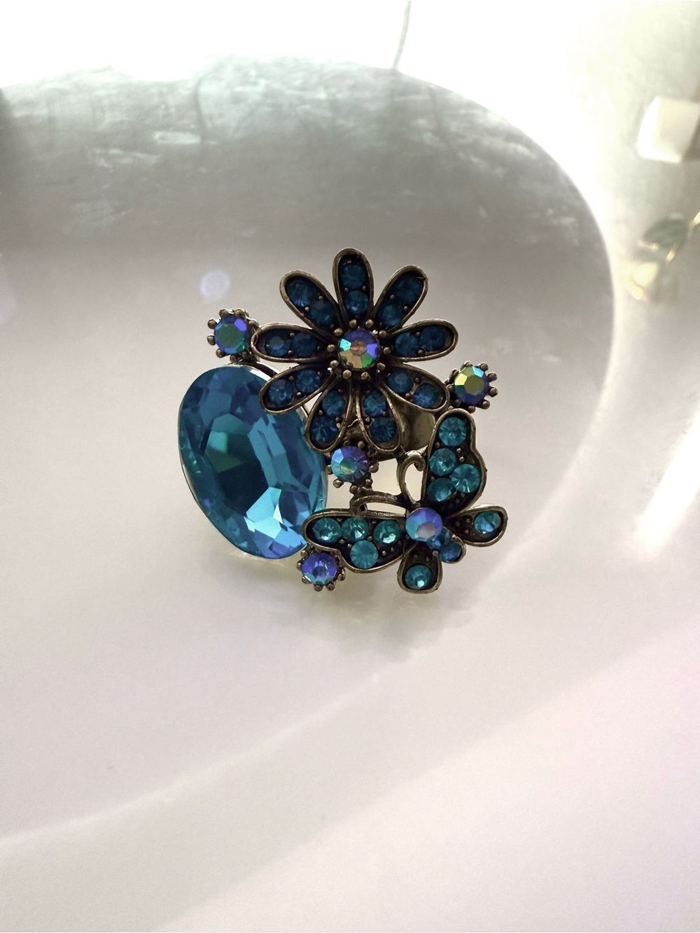 Blue Floral Crystal Statement Ring